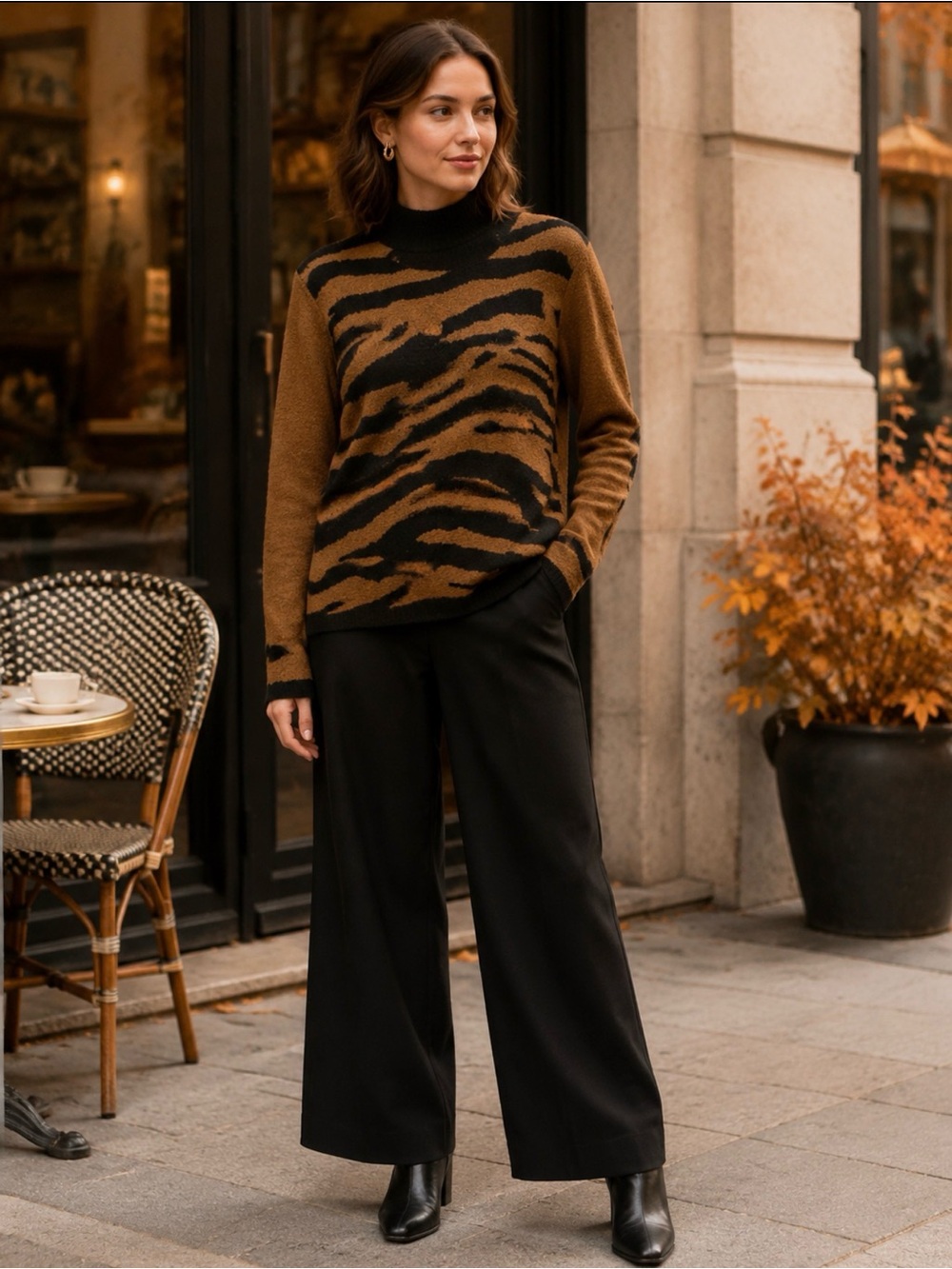 Jones New York Sport Tiger Stripe Wool Blend Mock Neck Sweater Brown M